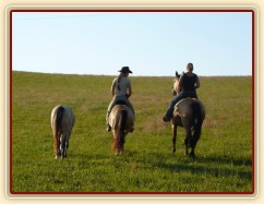 Keisy na vyjížďce se svou majitelkou, jdeme krokem do kopce
