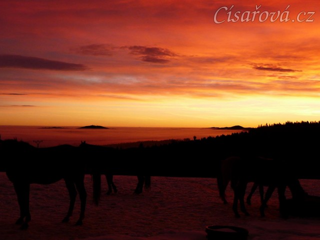 Východ slunce barví mlhu a nebe do neskutečných barev