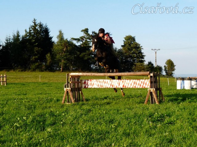 Srpen 2010, skákání na jízdárně v Čeleticích, oxer 120cm vysoký