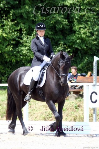 Gvennie Goodshapes, čtyřletá fríská klisna se svou majitelkou na jejich prvních drezurních hobby závodech, Hunčice 26.7.2014. Foto Jitka Kreidlová