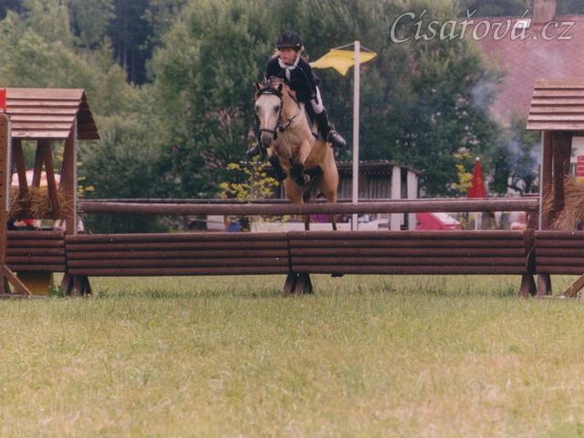 Mistrovství středočeské oblasti ve skocích pony, Heroutice 2003. Radka a Greisy vybojovaly v dvoukolovém LPA medaili za druhé místo.