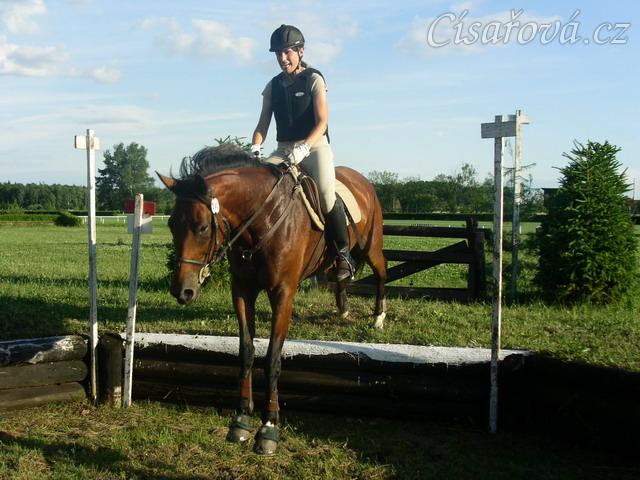 Trénink terénních skoků, seskok do jámy za kozou, pak následuje výskok z jámy