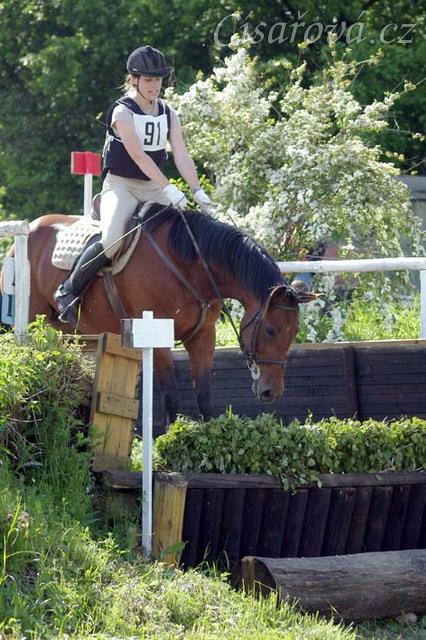 Crossová část, schody: rozfázovaný seskok přes proutěnku.