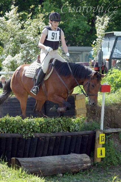Crossová část, schody: rozfázovaný seskok přes proutěnku.