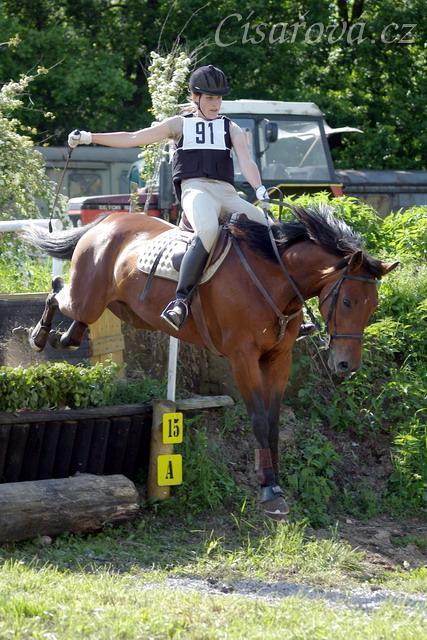 Crossová část, schody: rozfázovaný seskok přes proutěnku.