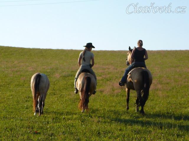 Keisy na vyjížďce se svou majitelkou, jdeme krokem do kopce